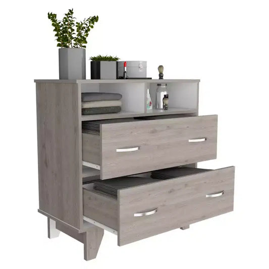 Commode Okak à 2 tiroirs avec 2 étagères, grande commode TV avec pieds pour chambre, entrée, commode moderne, finition gris mat, plateau supérieur