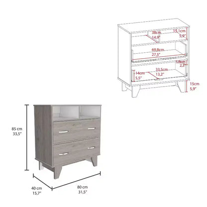 Commode Okak à 2 tiroirs avec 2 étagères, grande commode TV avec pieds pour chambre, entrée, commode moderne, finition gris mat, plateau supérieur