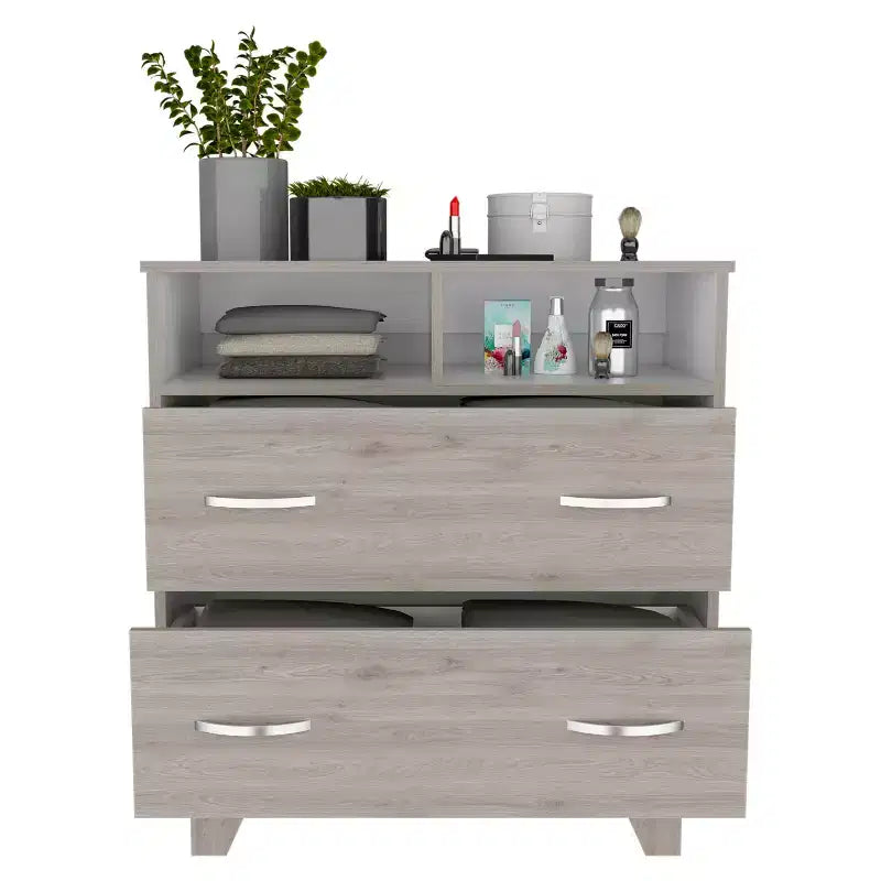 Commode Okak à 2 tiroirs avec 2 étagères, grande commode TV avec pieds pour chambre, entrée, commode moderne, finition gris mat, plateau supérieur