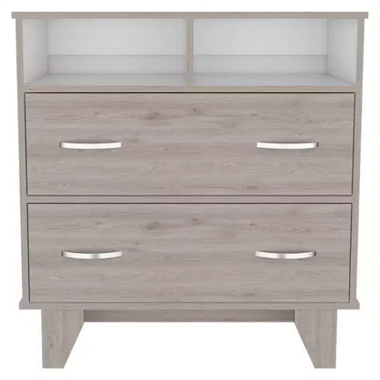 Commode Okak à 2 tiroirs avec 2 étagères, grande commode TV avec pieds pour chambre, entrée, commode moderne, finition gris mat, plateau supérieur