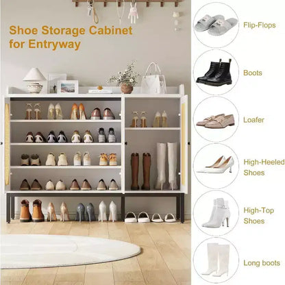 Meuble à chaussures autoportant en rotin Acekool avec 3 portes, 4 étagères réglables et pieds en métal, rangement à chaussures dissimulé pour entrée, couloir, salon