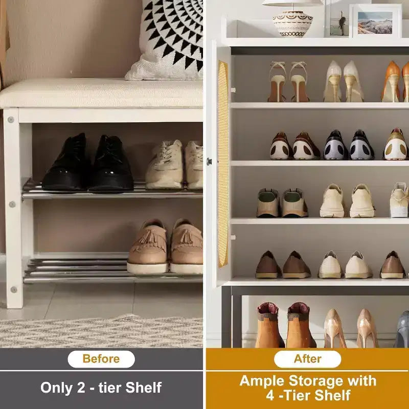 Meuble à chaussures autoportant en rotin Acekool avec 3 portes, 4 étagères réglables et pieds en métal, rangement à chaussures dissimulé pour entrée, couloir, salon