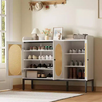 Meuble à chaussures autoportant en rotin Acekool avec 3 portes, 4 étagères réglables et pieds en métal, rangement à chaussures dissimulé pour entrée, couloir, salon