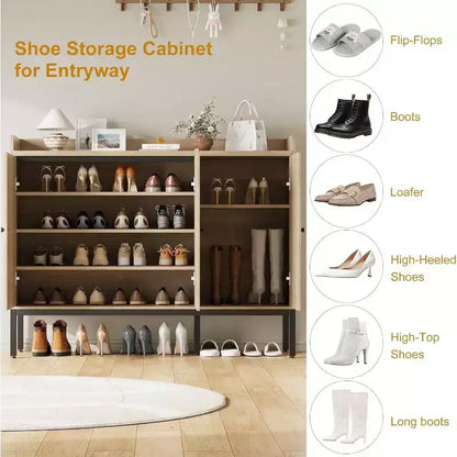 Meuble à chaussures autoportant en rotin Acekool avec 3 portes, 4 étagères réglables et pieds en métal, rangement à chaussures dissimulé pour entrée, couloir, salon