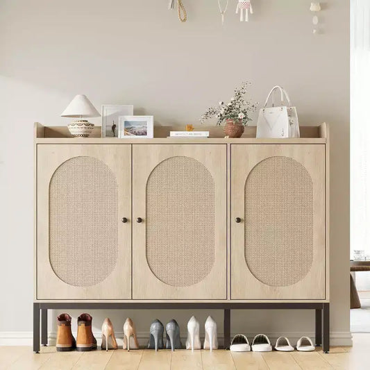 Acekool Freestanding Rattan Shoe Cabinet with 3 Doors, 4 Adjustable Shelves & Metal Legs, Hidden Shoe Storage for Entryway, Hallway, Living Room