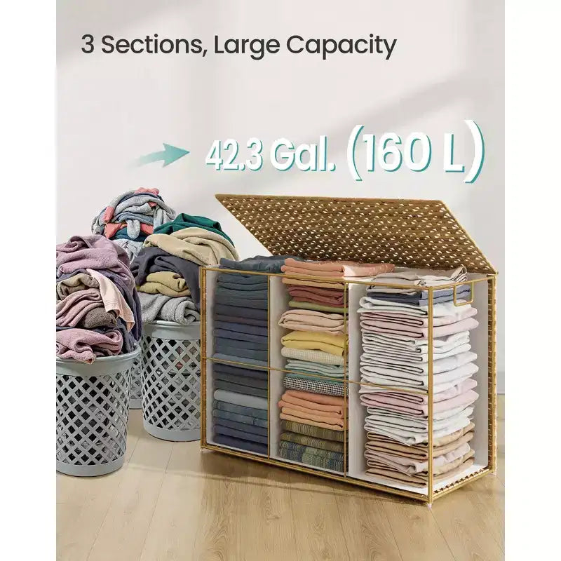 Panier à linge en rotin tressé à la main de 160 litres avec couvercle et sac amovible, 40 x 66 x 61 cm, couleur naturelle