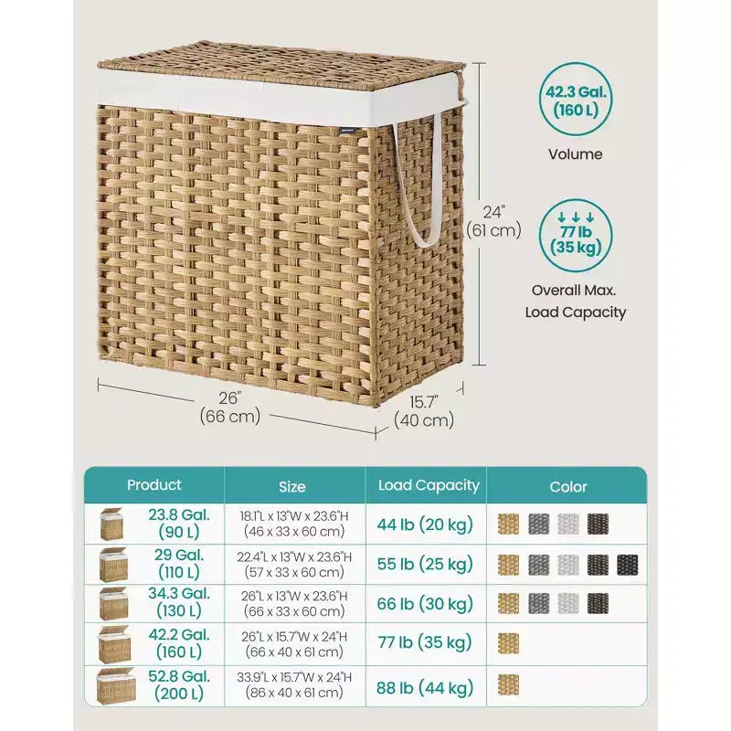 Panier à linge en rotin tressé à la main de 160 litres avec couvercle et sac amovible, 40 x 66 x 61 cm, couleur naturelle