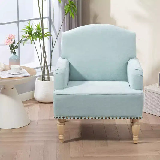 Fauteuil d'appoint moderne Okak avec pieds rétro en bois, petit fauteuil club en tissu, fauteuil de salon confortable et rembourré pour chambre et salon
