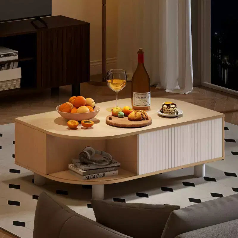 Table basse Skyzoo Wood avec rangement et portes coulissantes cannelées pour salon, design unique en forme de feuille