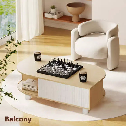 Table basse Skyzoo Wood avec rangement et portes coulissantes cannelées pour salon, design unique en forme de feuille