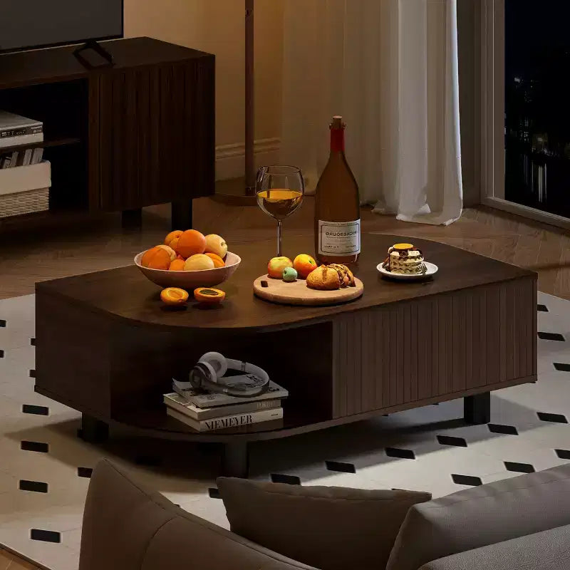 Table basse Skyzoo Wood avec rangement et portes coulissantes cannelées pour salon, design unique en forme de feuille