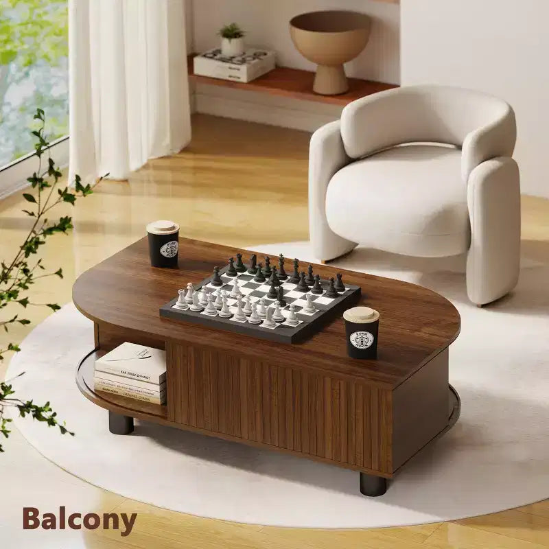 Table basse Skyzoo Wood avec rangement et portes coulissantes cannelées pour salon, design unique en forme de feuille