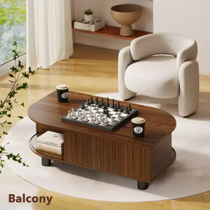 Table basse Skyzoo Wood avec rangement et portes coulissantes cannelées pour salon, design unique en forme de feuille