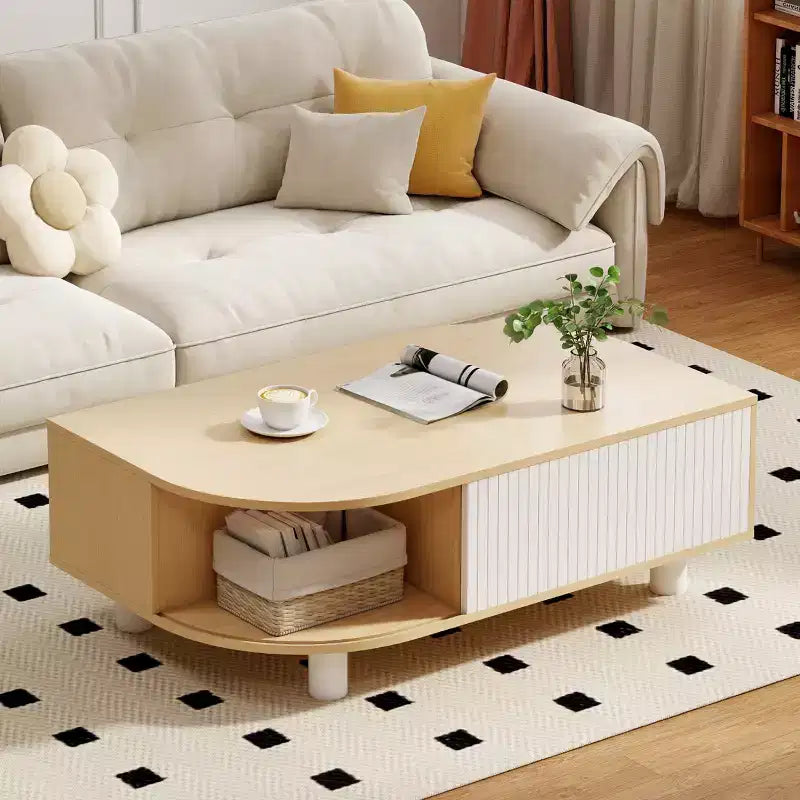 Table basse Skyzoo Wood avec rangement et portes coulissantes cannelées pour salon, design unique en forme de feuille