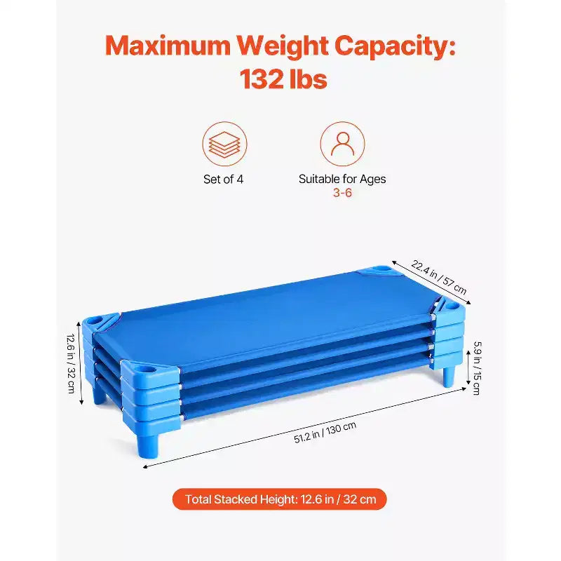 Lit d'enfant empilable VEVOR, lot de 4, lits de sieste portables pour tout-petits, lits de garderie de taille standard 132 cm (L) x 58,4 cm (l) pour enfants, lits de garderie pour salle de classe préscolaire