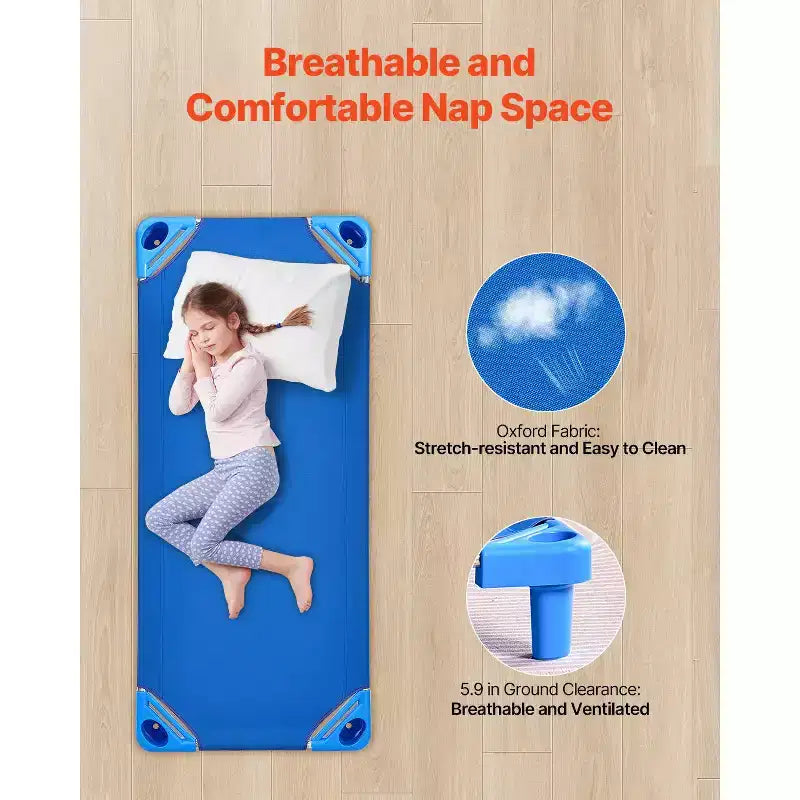 Lit d'enfant empilable VEVOR, lot de 4, lits de sieste portables pour tout-petits, lits de garderie de taille standard 132 cm (L) x 58,4 cm (l) pour enfants, lits de garderie pour salle de classe préscolaire