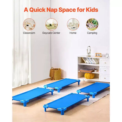 Lit d'enfant empilable VEVOR, lot de 4, lits de sieste portables pour tout-petits, lits de garderie de taille standard 132 cm (L) x 58,4 cm (l) pour enfants, lits de garderie pour salle de classe préscolaire