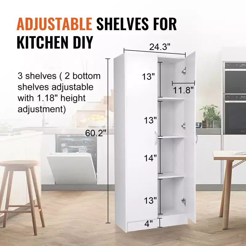 Armoire de cuisine VEVOR, armoire de rangement haute de 152,4 cm, armoire de rangement autoportante de 50 kg avec 3 étagères (2 réglables)