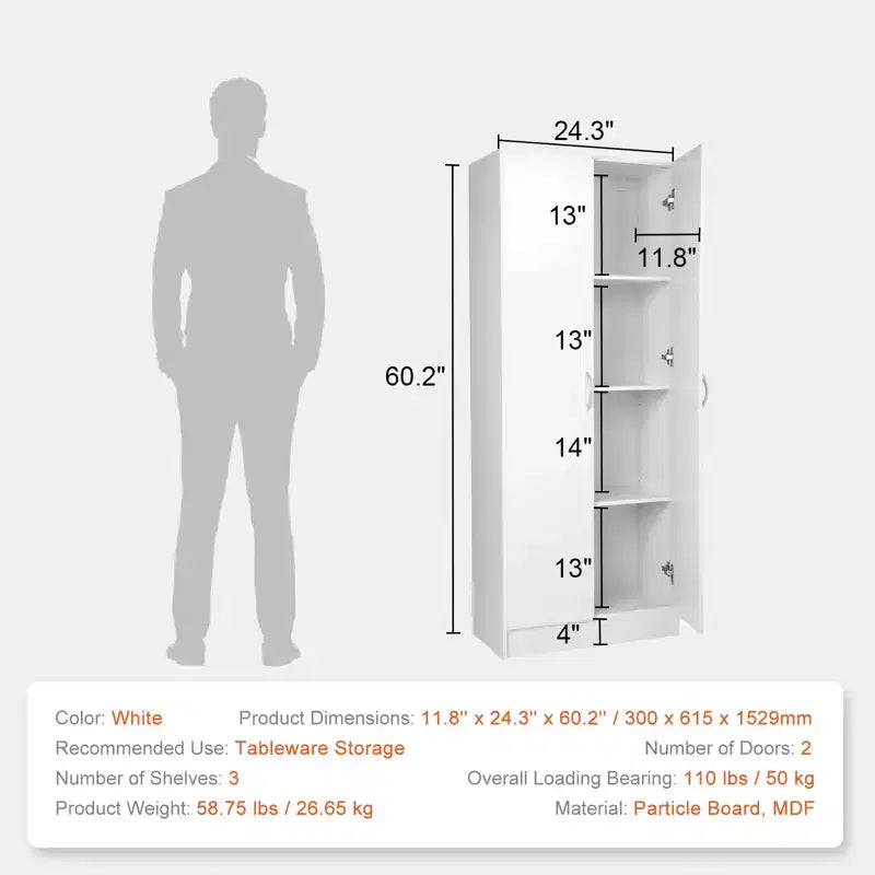 Armoire de cuisine VEVOR, armoire de rangement haute de 152,4 cm, armoire de rangement autoportante de 50 kg avec 3 étagères (2 réglables)