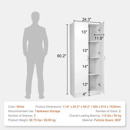 Armoire de cuisine VEVOR, armoire de rangement haute de 152,4 cm, armoire de rangement autoportante de 50 kg avec 3 étagères (2 réglables)