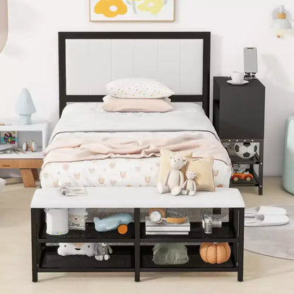 Lits jumeaux Okak avec étagères de rangement à deux niveaux pour enfants, lit plateforme en métal jumeau avec armoire de rangement en bois pour chambre à coucher, noir