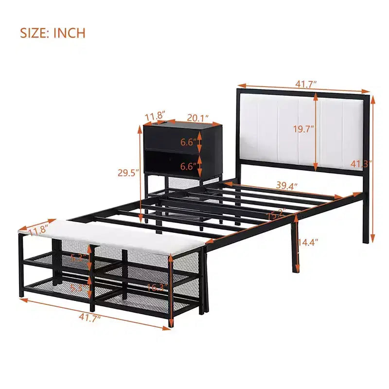 Lits jumeaux Okak avec étagères de rangement à deux niveaux pour enfants, lit plateforme en métal jumeau avec armoire de rangement en bois pour chambre à coucher, noir