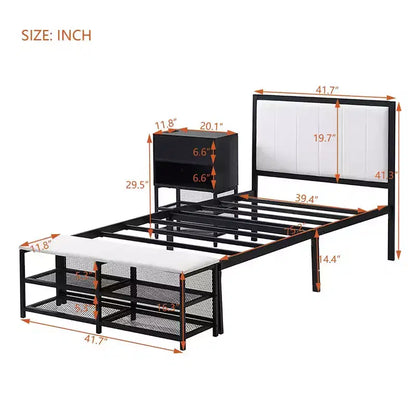 Lits jumeaux Okak avec étagères de rangement à deux niveaux pour enfants, lit plateforme en métal jumeau avec armoire de rangement en bois pour chambre à coucher, noir