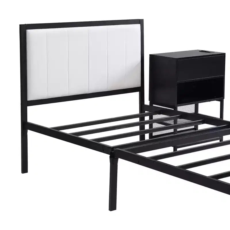Lits jumeaux Okak avec étagères de rangement à deux niveaux pour enfants, lit plateforme en métal jumeau avec armoire de rangement en bois pour chambre à coucher, noir