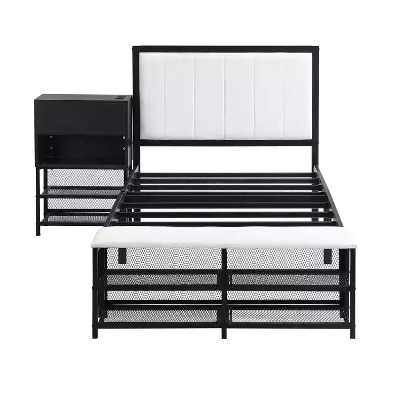 Lits jumeaux Okak avec étagères de rangement à deux niveaux pour enfants, lit plateforme en métal jumeau avec armoire de rangement en bois pour chambre à coucher, noir