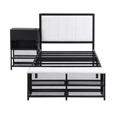 Lits jumeaux Okak avec étagères de rangement à deux niveaux pour enfants, lit plateforme en métal jumeau avec armoire de rangement en bois pour chambre à coucher, noir