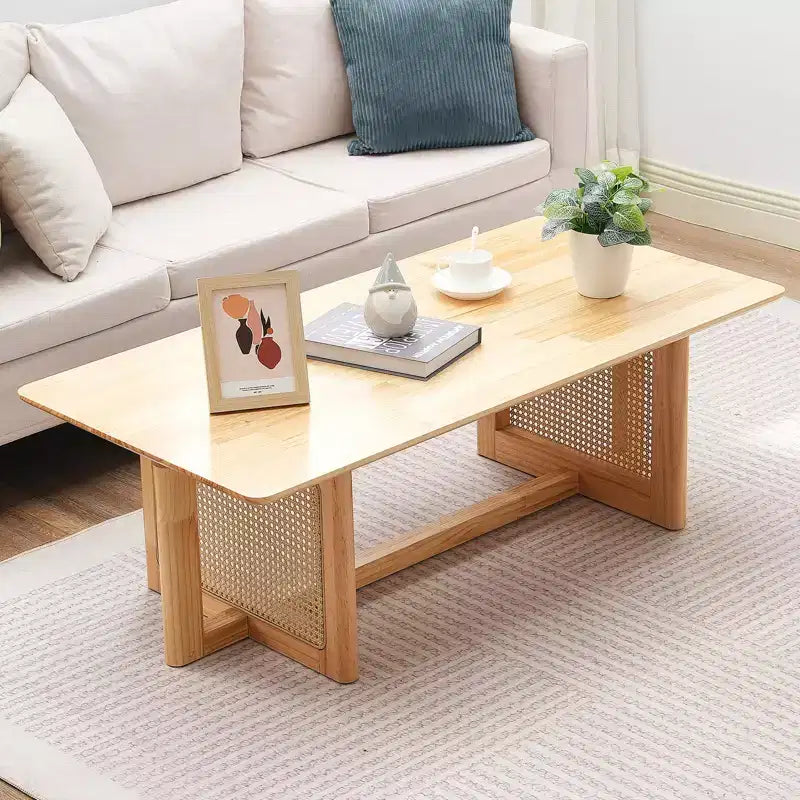 Table basse en rotin VEVOR, table basse rectangulaire en bois tressé avec plateau en bois d'hévéa, table basse de rangement moderne de 119 cm de style bohème