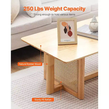 Table basse en rotin VEVOR, table basse rectangulaire en bois tressé avec plateau en bois d'hévéa, table basse de rangement moderne de 119 cm de style bohème