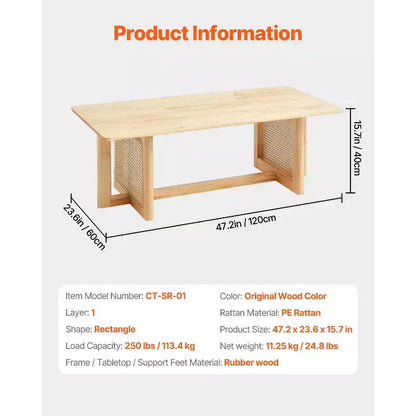 Table basse en rotin VEVOR, table basse rectangulaire en bois tressé avec plateau en bois d'hévéa, table basse de rangement moderne de 119 cm de style bohème