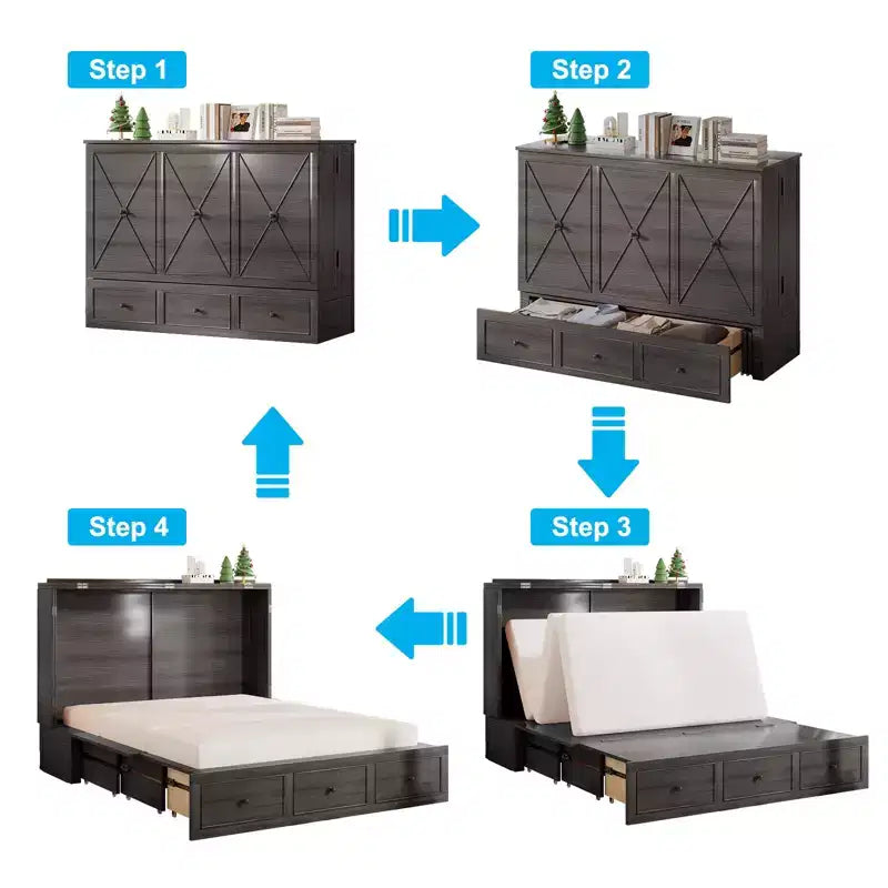 Lit escamotable Mjkone Murphy avec matelas pliable, lit-armoire moderne avec tiroir de rangement et station de charge USB