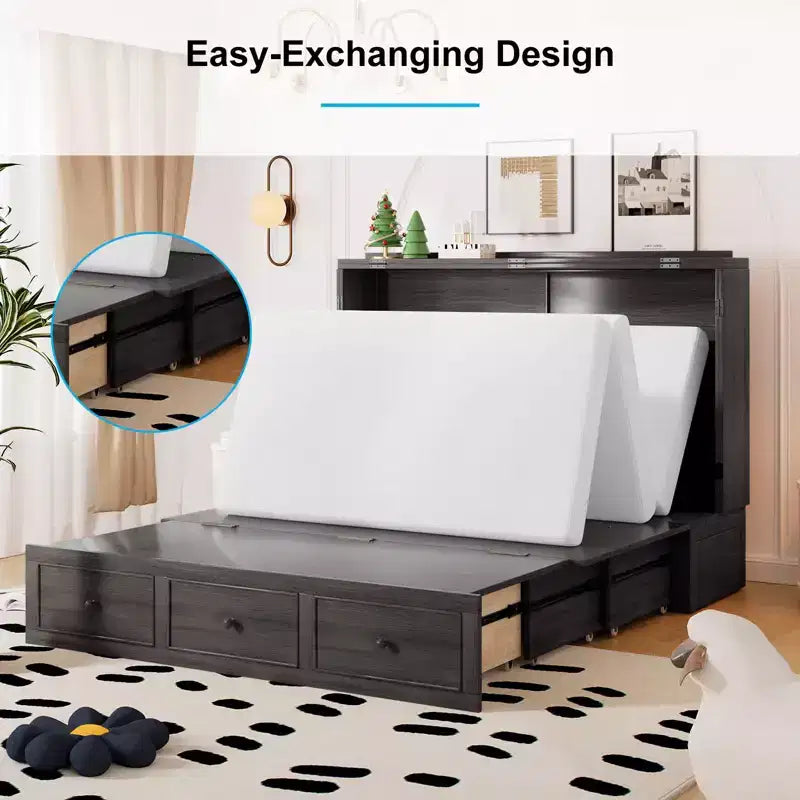 Lit escamotable Mjkone Murphy avec matelas pliable, lit-armoire moderne avec tiroir de rangement et station de charge USB