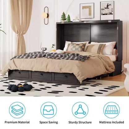 Lit escamotable Mjkone Murphy avec matelas pliable, lit-armoire moderne avec tiroir de rangement et station de charge USB