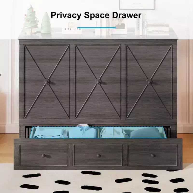 Lit escamotable Mjkone Murphy avec matelas pliable, lit-armoire moderne avec tiroir de rangement et station de charge USB