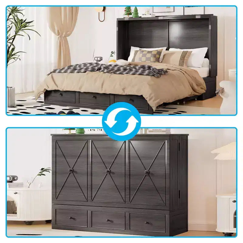 Lit escamotable Mjkone Murphy avec matelas pliable, lit-armoire moderne avec tiroir de rangement et station de charge USB