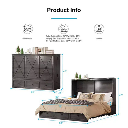 Lit escamotable Mjkone Murphy avec matelas pliable, lit-armoire moderne avec tiroir de rangement et station de charge USB