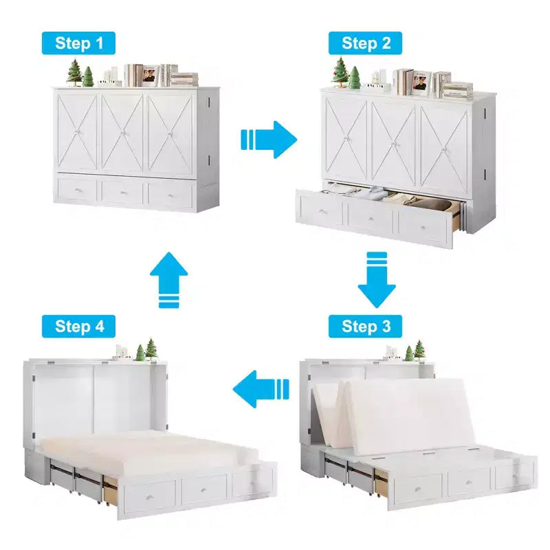 Lit escamotable Mjkone Murphy avec matelas pliable, lit-armoire moderne avec tiroir de rangement et station de charge USB