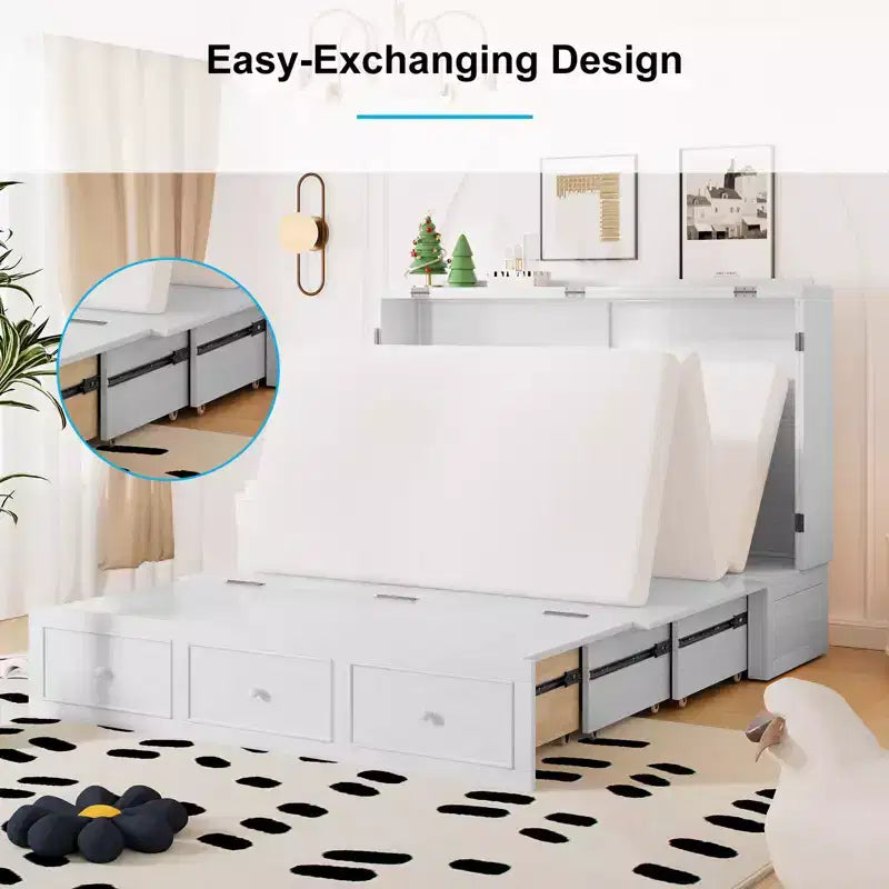 Lit escamotable Mjkone Murphy avec matelas pliable, lit-armoire moderne avec tiroir de rangement et station de charge USB