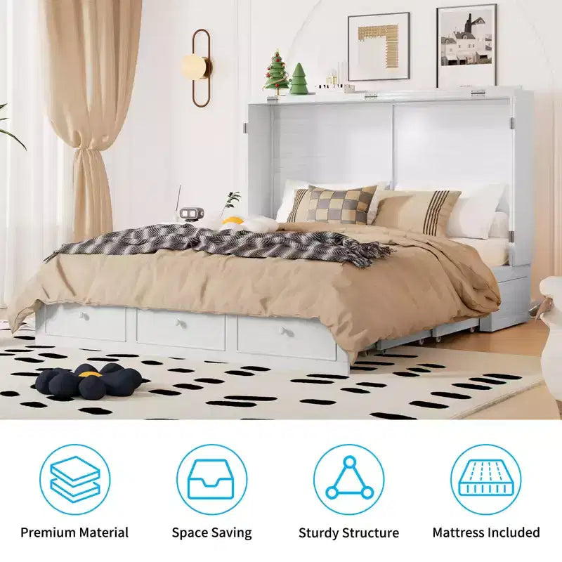 Lit escamotable Mjkone Murphy avec matelas pliable, lit-armoire moderne avec tiroir de rangement et station de charge USB