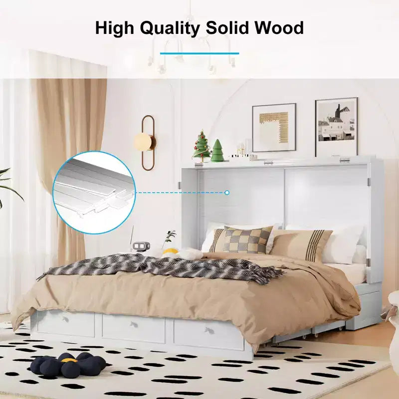 Lit escamotable Mjkone Murphy avec matelas pliable, lit-armoire moderne avec tiroir de rangement et station de charge USB