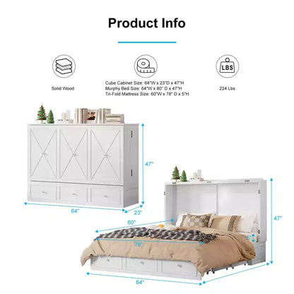 Lit escamotable Mjkone Murphy avec matelas pliable, lit-armoire moderne avec tiroir de rangement et station de charge USB