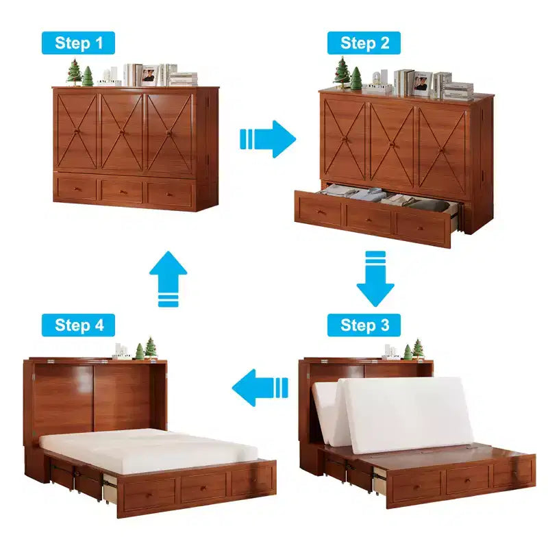 Lit escamotable Mjkone Murphy avec matelas pliable, lit-armoire moderne avec tiroir de rangement et station de charge USB