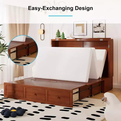 Lit escamotable Mjkone Murphy avec matelas pliable, lit-armoire moderne avec tiroir de rangement et station de charge USB