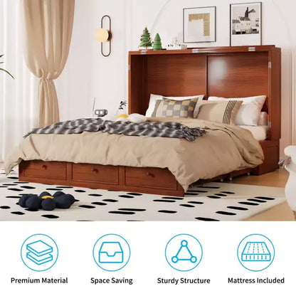 Lit escamotable Mjkone Murphy avec matelas pliable, lit-armoire moderne avec tiroir de rangement et station de charge USB