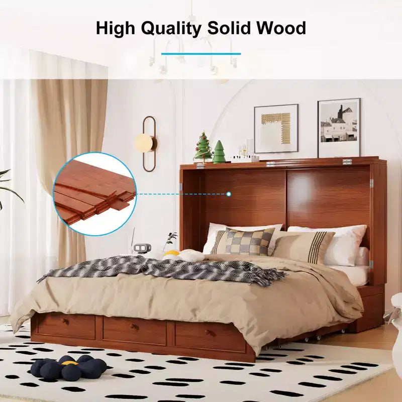 Lit escamotable Mjkone Murphy avec matelas pliable, lit-armoire moderne avec tiroir de rangement et station de charge USB