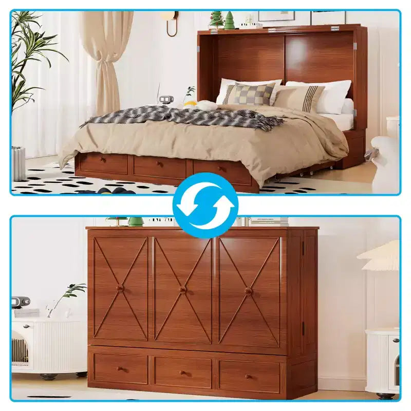 Lit escamotable Mjkone Murphy avec matelas pliable, lit-armoire moderne avec tiroir de rangement et station de charge USB