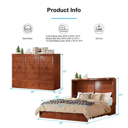 Lit escamotable Mjkone Murphy avec matelas pliable, lit-armoire moderne avec tiroir de rangement et station de charge USB